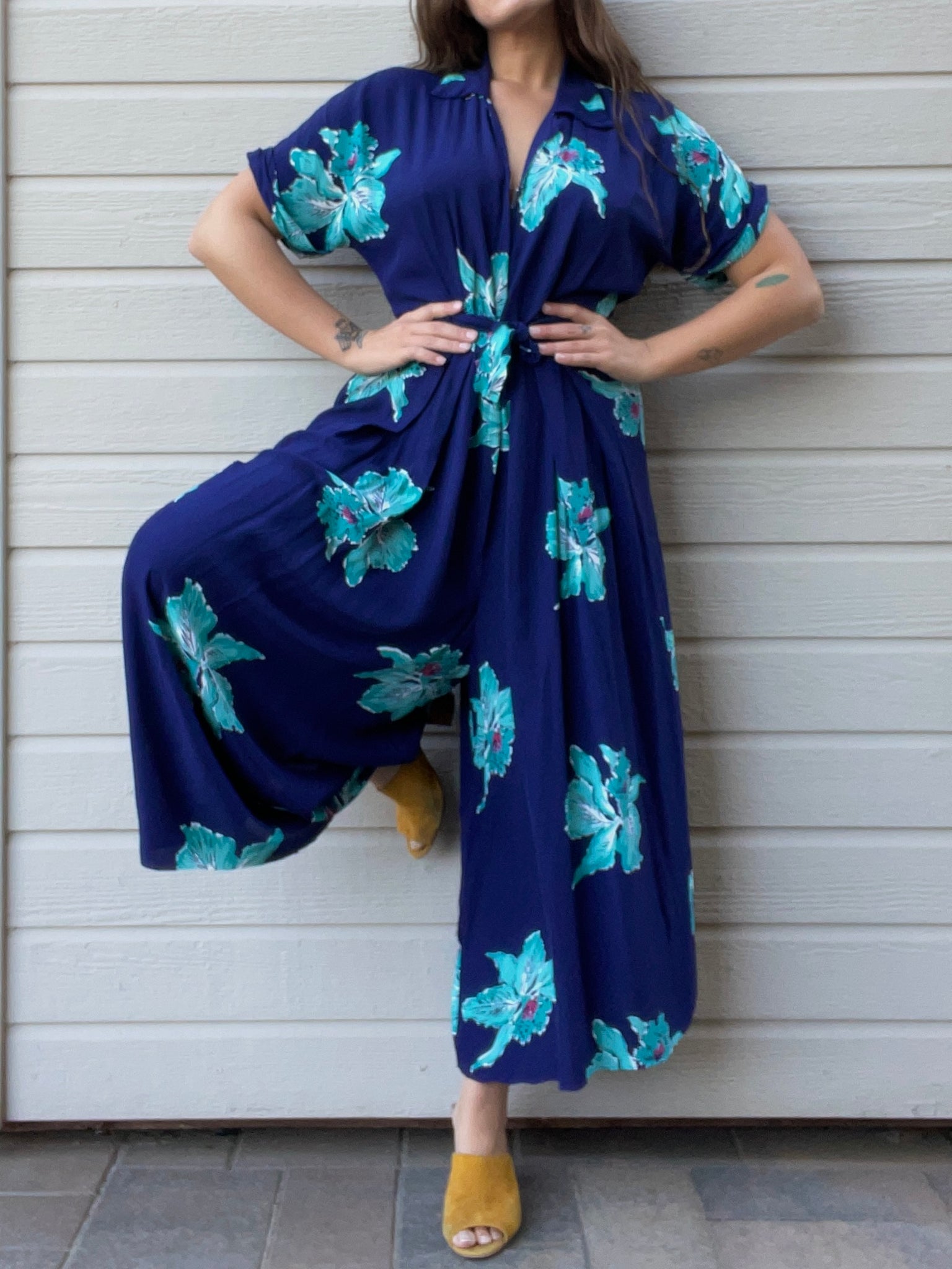 Rare 1940s Cold Rayon Floral Zip Front Palazzo Jumpsuit