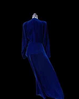 1940s Royal Blue Crushed Velvet Hostess Gown