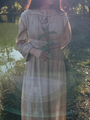 Edwardian Crinkle Crepe Floral Motif Soft Neutral Dressing Gown Tea Dress