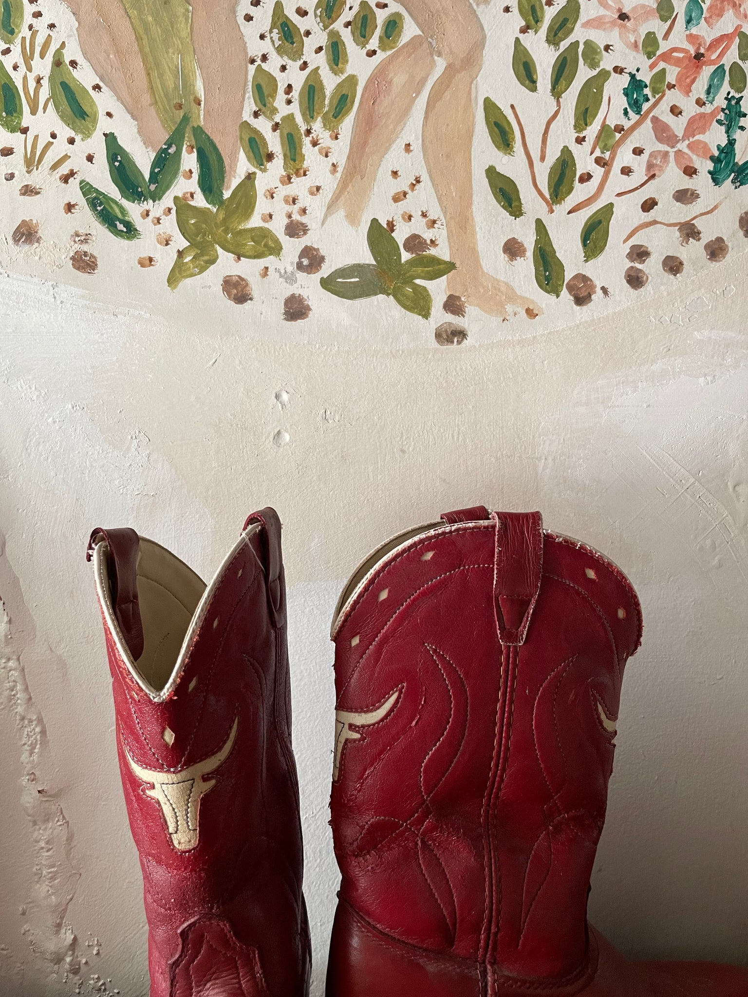 1950s/60s Cherry Red Leather Longhorn Inlay Cowboy Boots