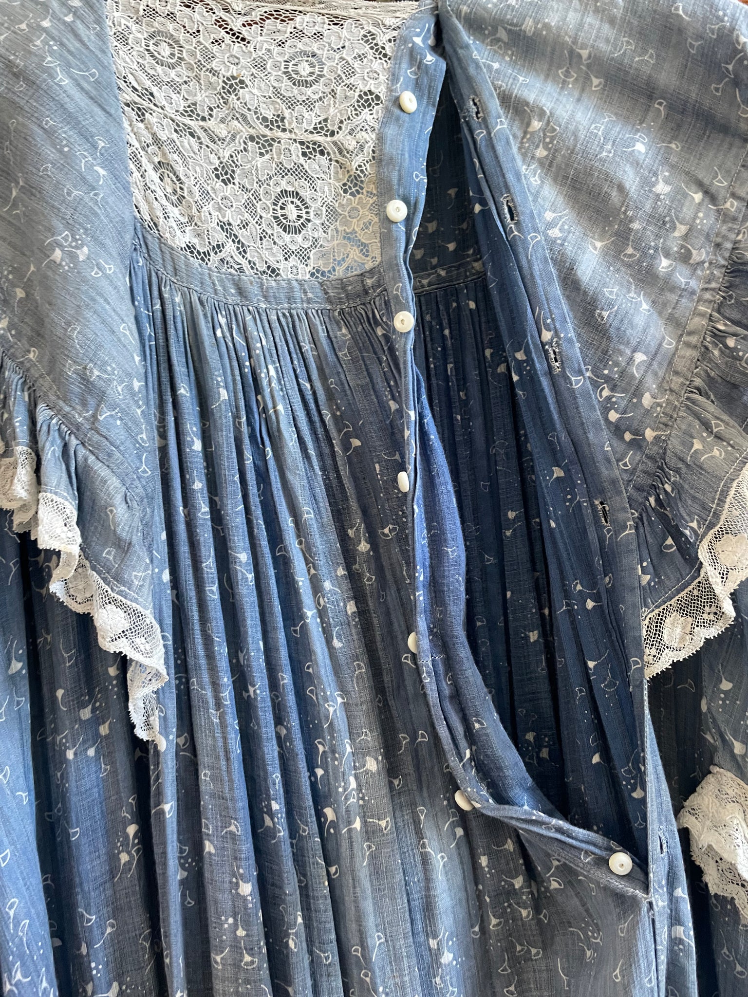 Antique Victorian Indigo Calico Flounce Wrapper Dress