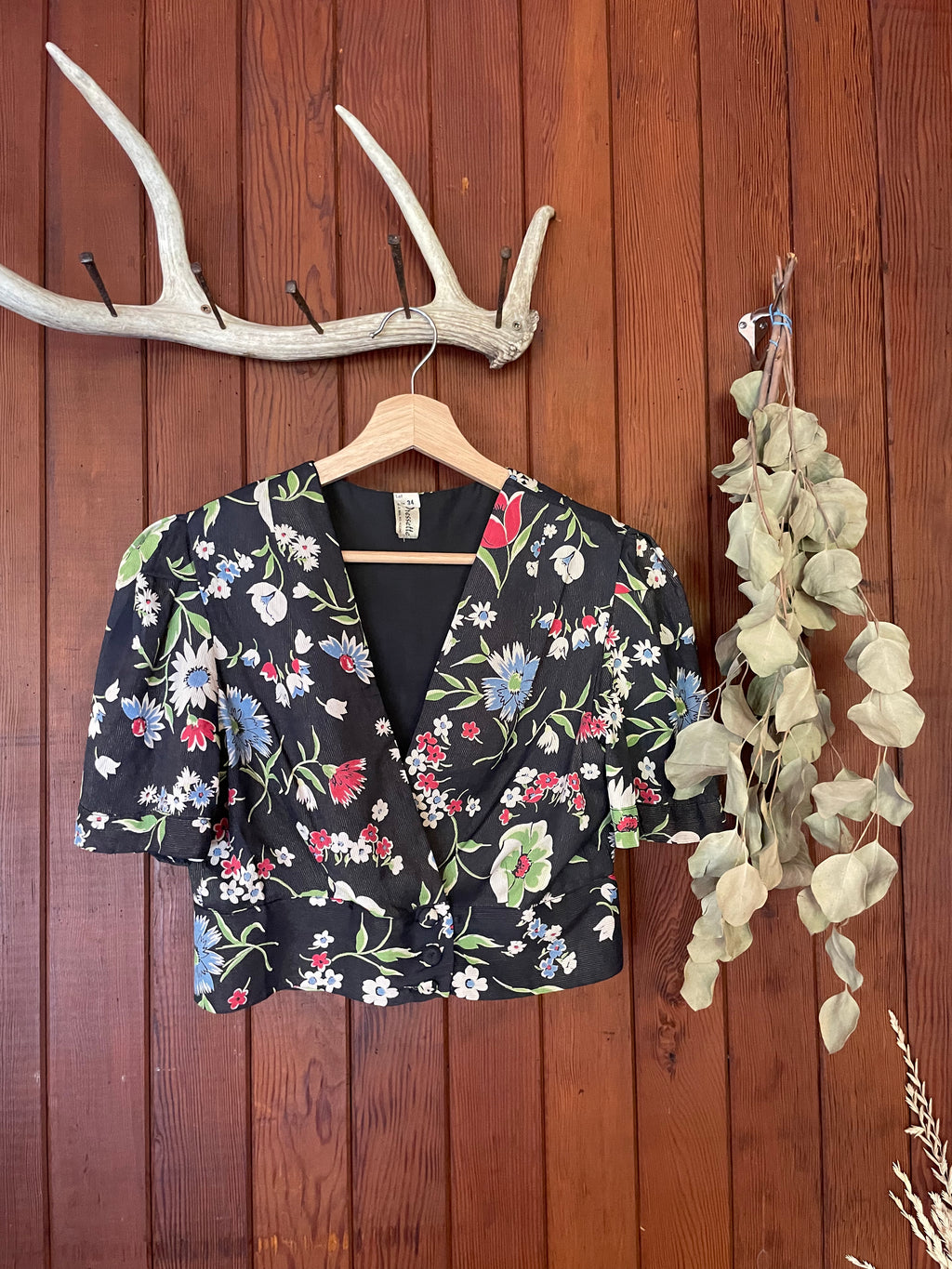 1930s Floral Silk Puff Sleeve Cropped Blouse