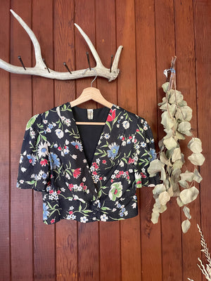 1930s Floral Silk Puff Sleeve Cropped Blouse