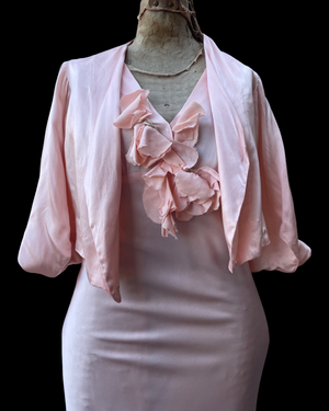 1930s Two Piece Ballet Pink Petal Sleeve Jacket & Bias Cut Dress
