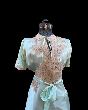 1930s Minty Silk & Ecru Lace Bias Cut Slip Dress