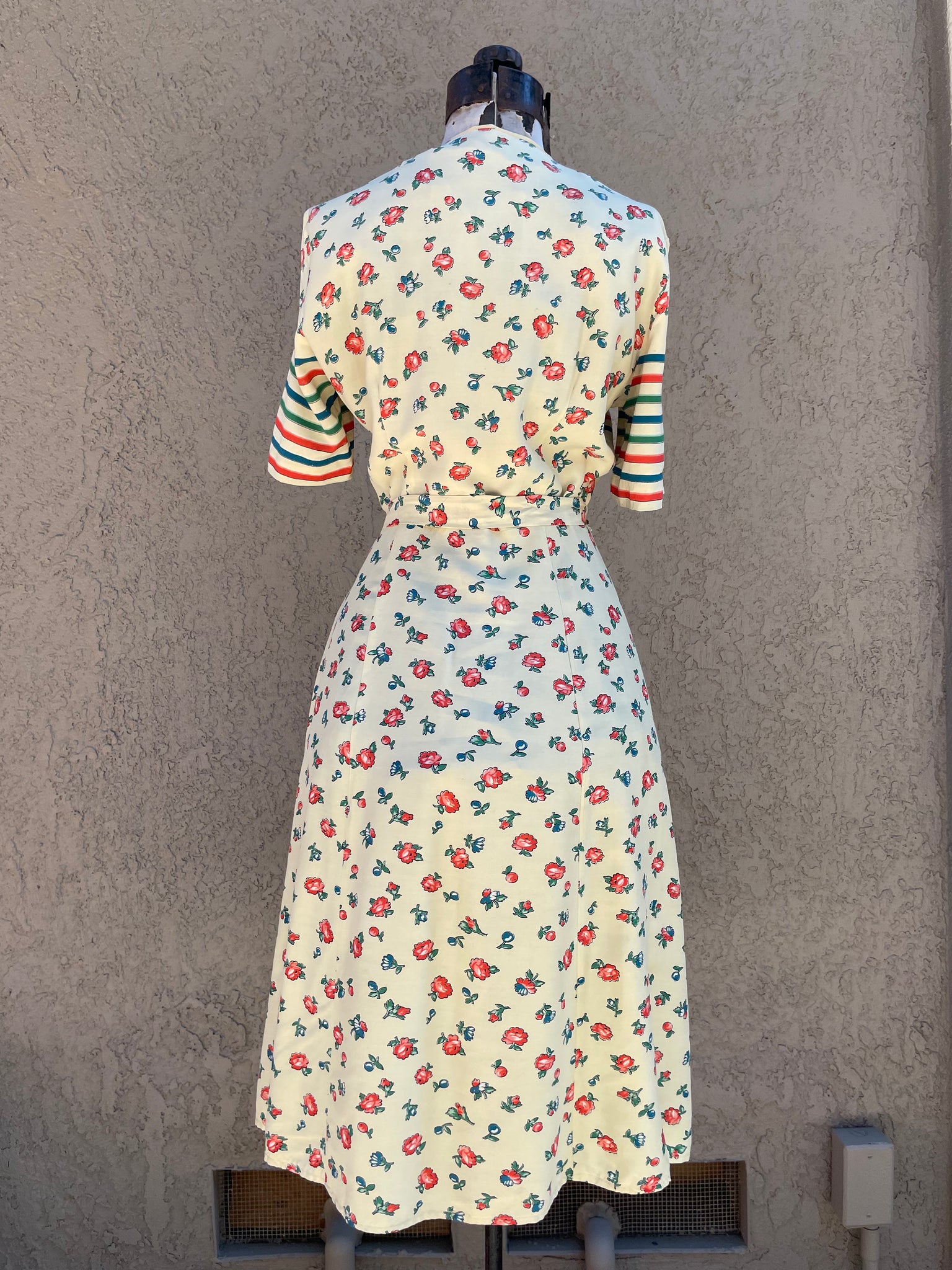 RARE 1940s 'Gay Gibson' Multi Color Chevron Striped Floral Rayon Dress