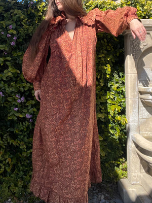 Reserved- 1890s Terracotta Indian Inspired Printed Bishop Sleeve Wrapper Gown