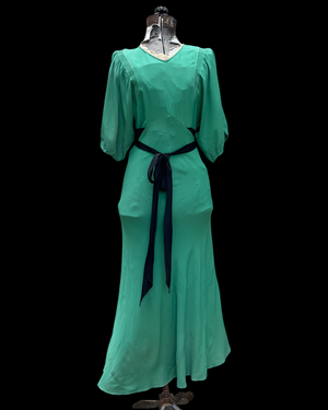 1930s Bias Cut Rayon Crepe Kelly Green Balloon Sleeve Dress