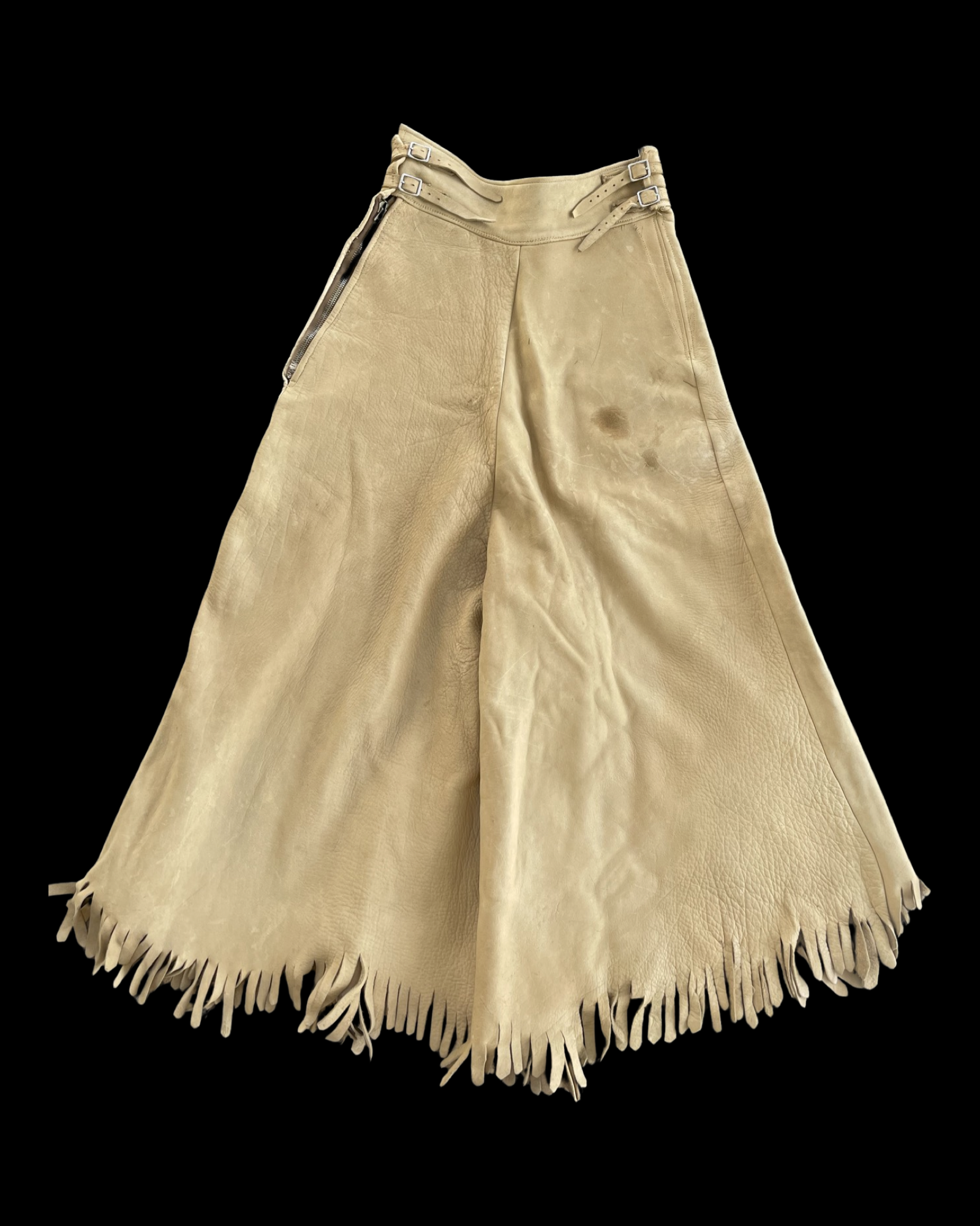 Rare 1930s Double Buckle Side Zip Leather Cowgirl Fringe Split Skirt