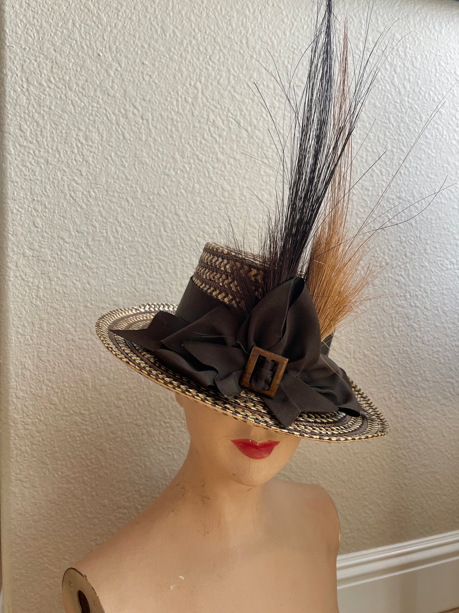 1880s Woven Straw Plume Buckle Tall Hat ( Matching Counterpart to 1880s Wool Calico Dress )