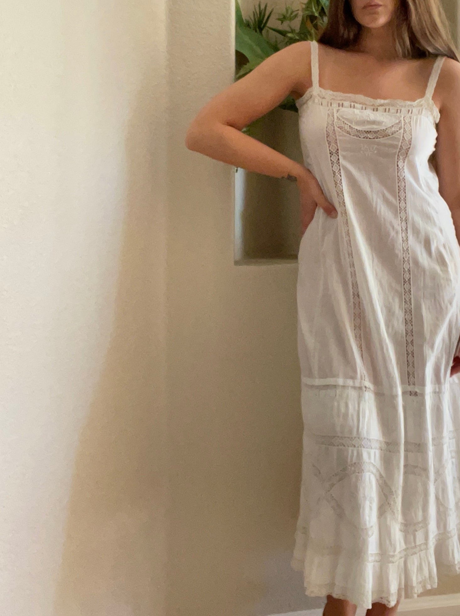 Edwardian Monogrammed Crochet Lace & Cotton Slip Dress