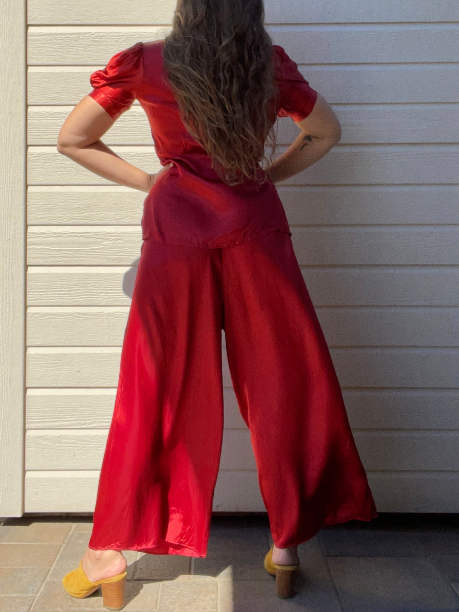 1940s Crimson Liquid Satin Two Piece Palazzo Pant Set