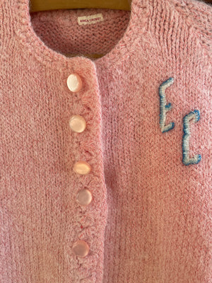 1950s Bubblegum Pink Fuzzy Monogrammed Cardigan