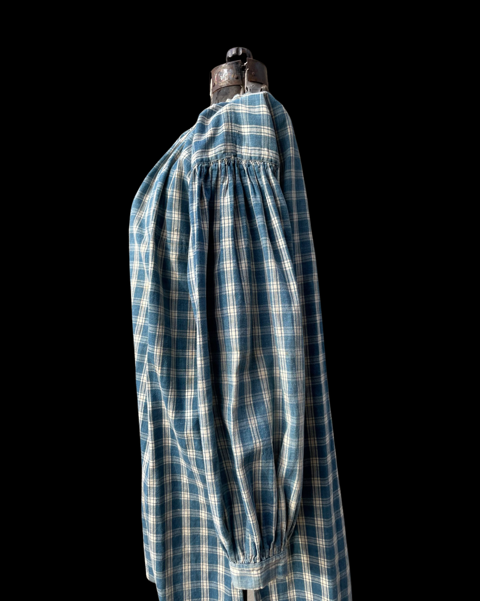 RARE Turn Of The Century Homesewn Indigo Homespun Gingham Biaude Style Smock