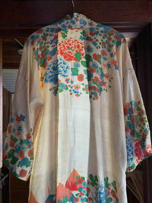 ~ Reserved~ 1930s Japanese Pongee Silk Robe Chrysanthemums