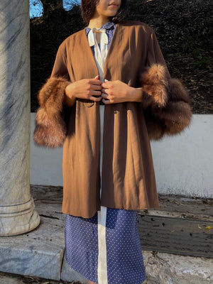 1940s Made In Paris Wool & Fur Trim Swing Coat