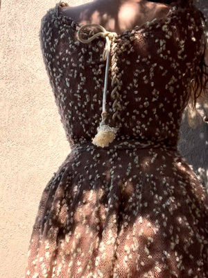 1940s Nubby Popcorn Wool Knit Lace Up Dress