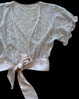 1930s Blush Pink Embroidered Net Tie Front Blouse