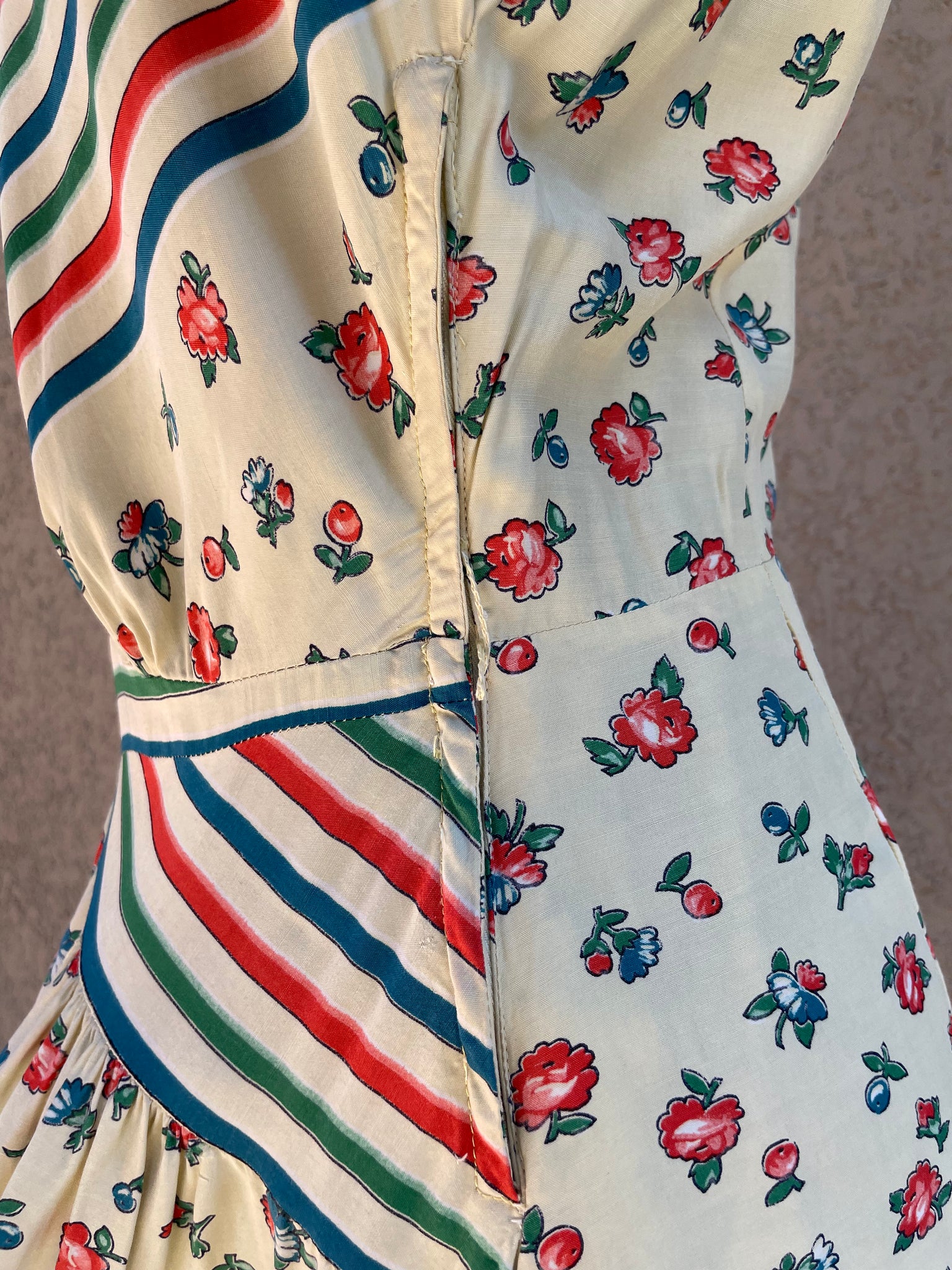 RARE 1940s 'Gay Gibson' Multi Color Chevron Striped Floral Rayon Dress