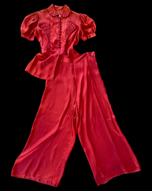 1940s Crimson Liquid Satin Two Piece Palazzo Pant Set