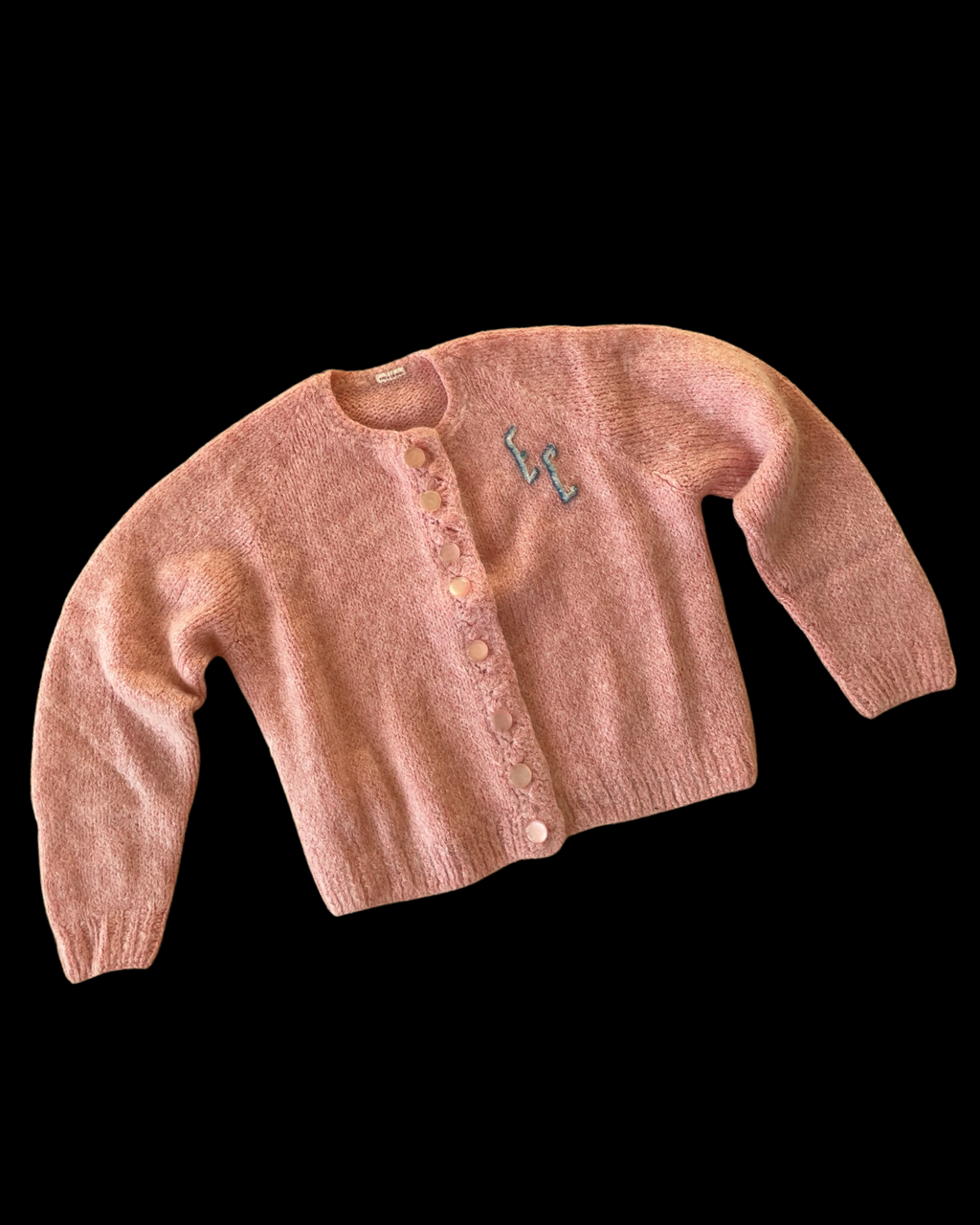 1950s Bubblegum Pink Fuzzy Monogrammed Cardigan