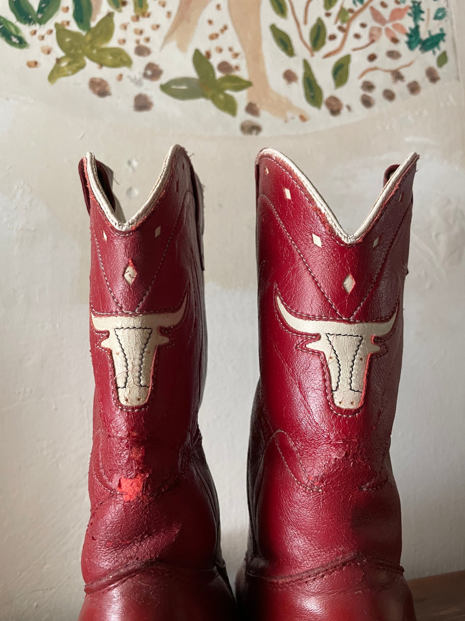 1950s/60s Cherry Red Leather Longhorn Inlay Cowboy Boots
