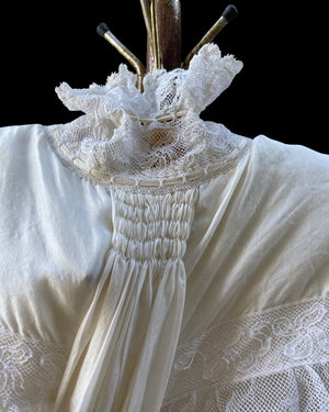 RARE 1890s Silk & Lace High Neck Watteau Dressing Gown