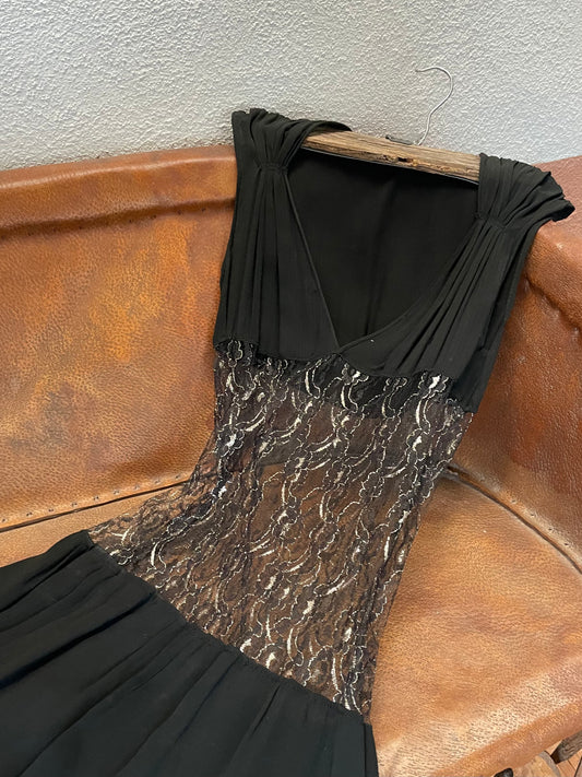 1930s Metallic Lace Sheer Midriff Gown