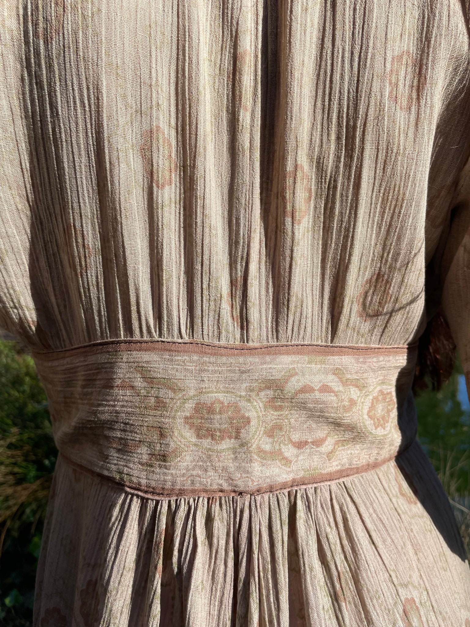 Edwardian Crinkle Crepe Floral Motif Soft Neutral Dressing Gown Tea Dress