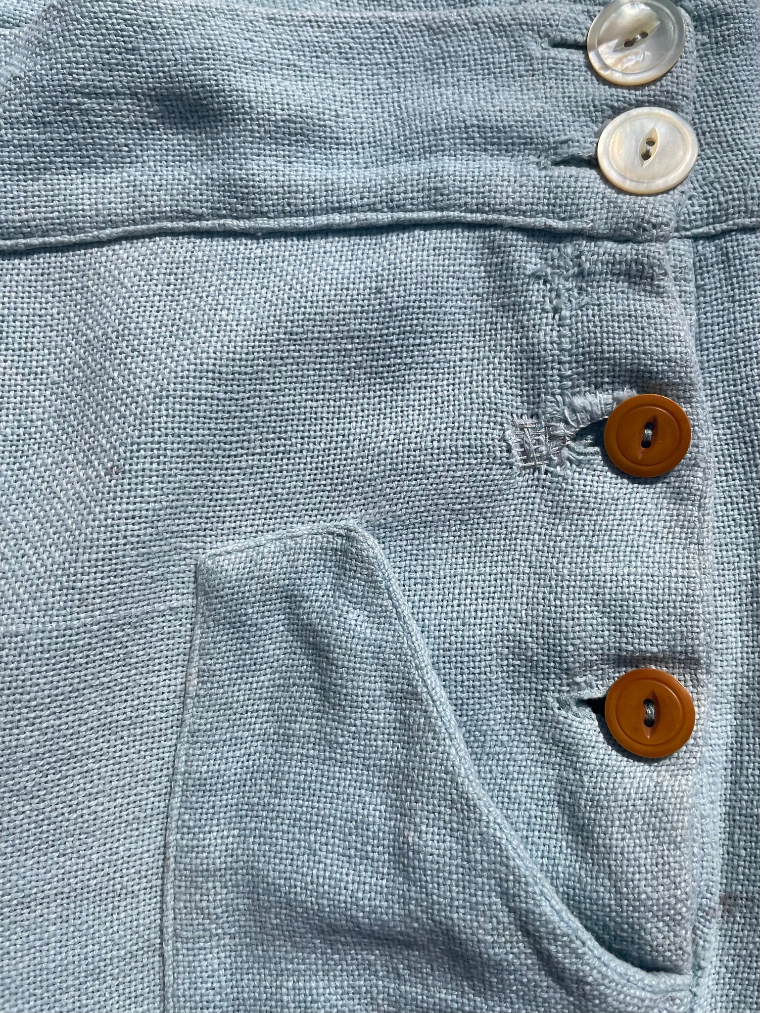 Rare 1930s Cornflower Blue Fall Front Linen Pants