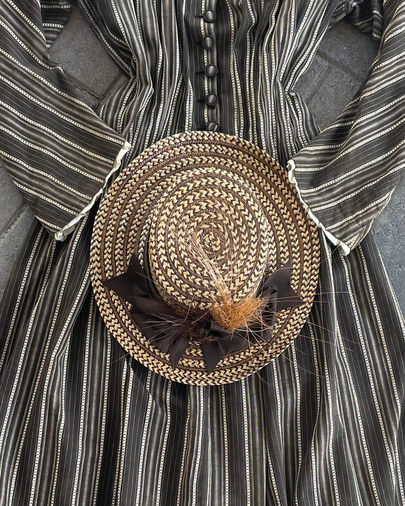 1880s Woven Straw Plume Buckle Tall Hat ( Matching Counterpart to 1880s Wool Calico Dress )