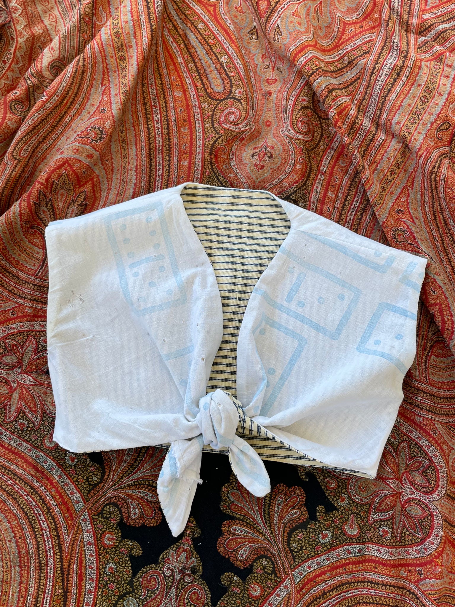 1940s Inspired Reversible Tie Front Top Domino Sugar Sack & Ticking Stripe XS-S