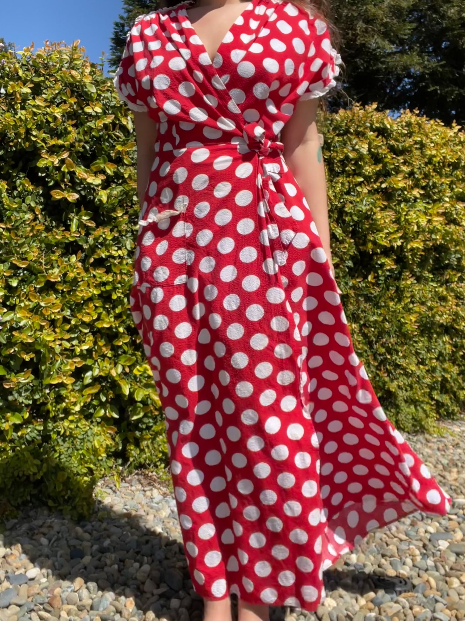 1940s Polka Dot Seersucker Wrap House Dress