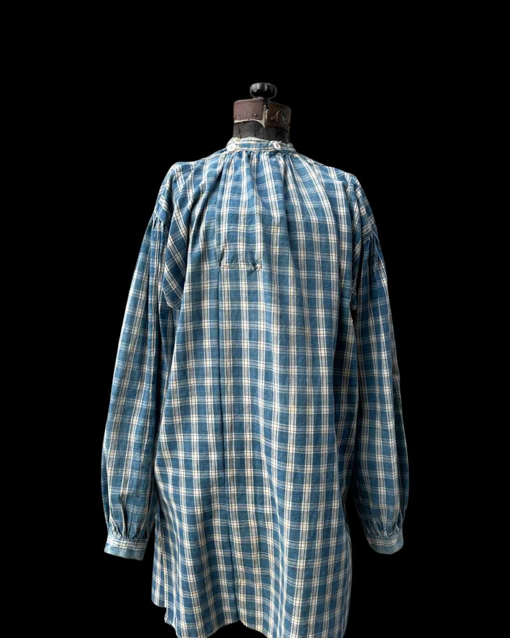 RARE Turn Of The Century Homesewn Indigo Homespun Gingham Biaude Style Smock