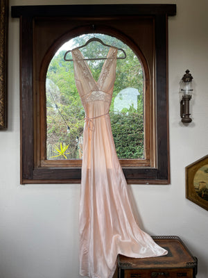 1940s Inset Lace Rayon Ballet Pink Bias Cut Slip Dress