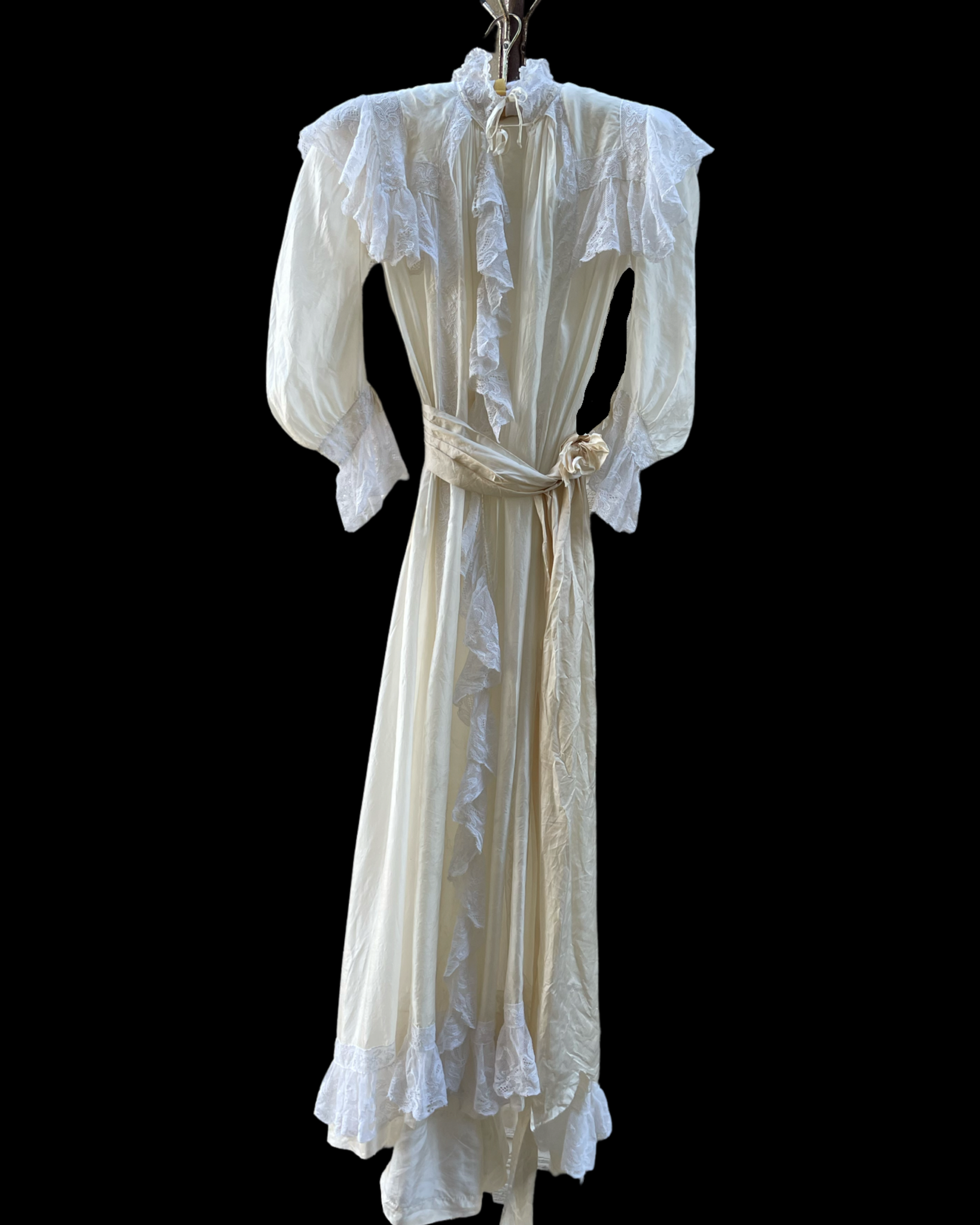 RARE 1890s Silk & Lace High Neck Watteau Dressing Gown