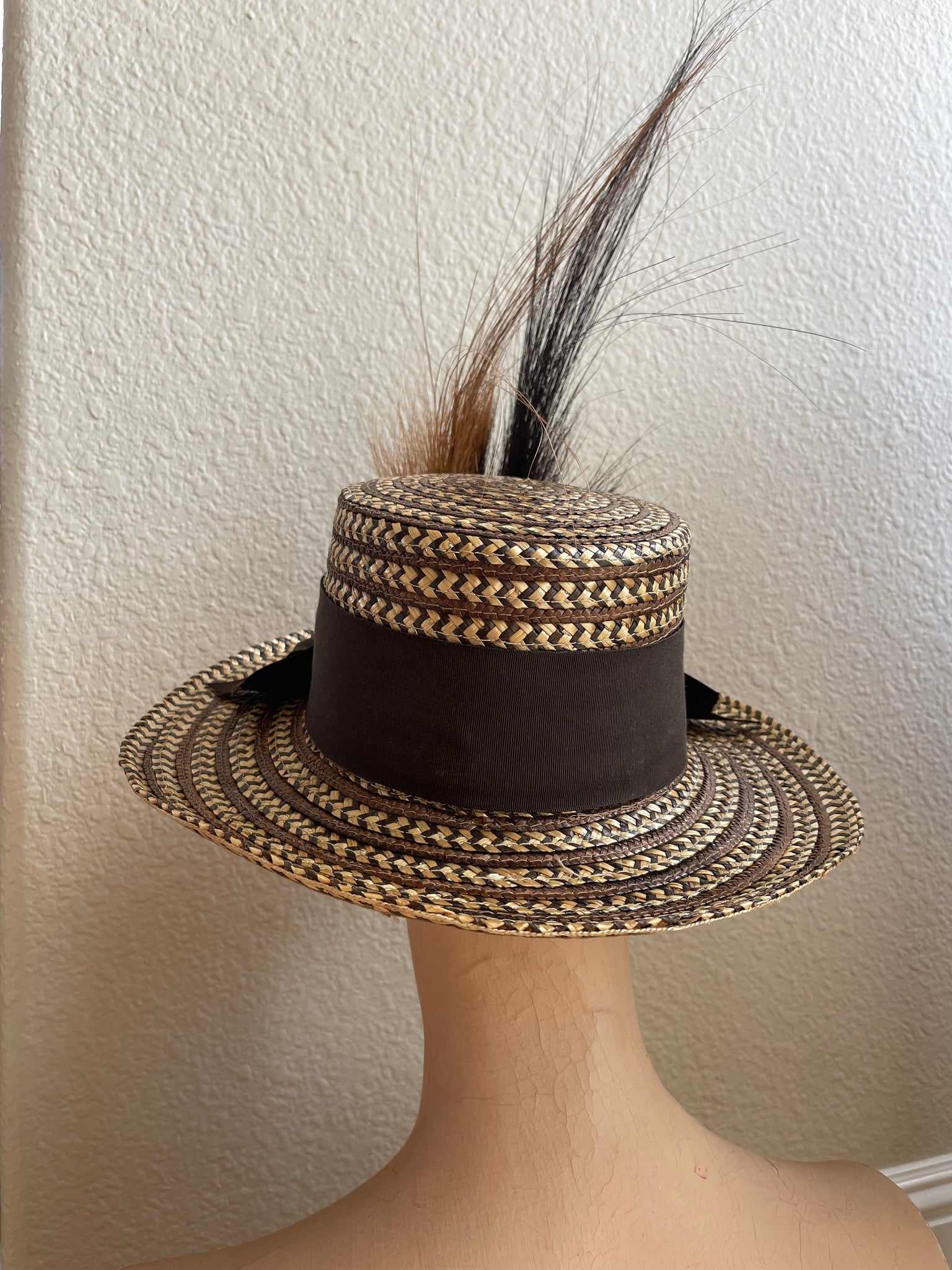 1880s Woven Straw Plume Buckle Tall Hat ( Matching Counterpart to 1880s Wool Calico Dress )