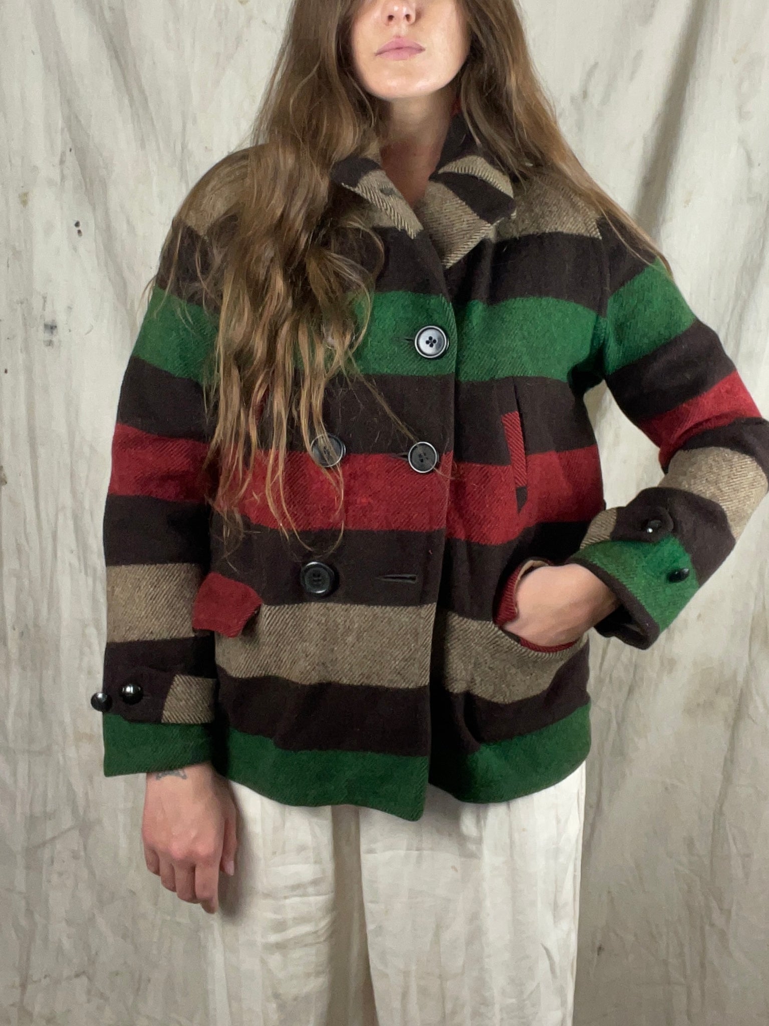 1930s Double Breasted Mackinaw Striped Wool Blanket Jacket