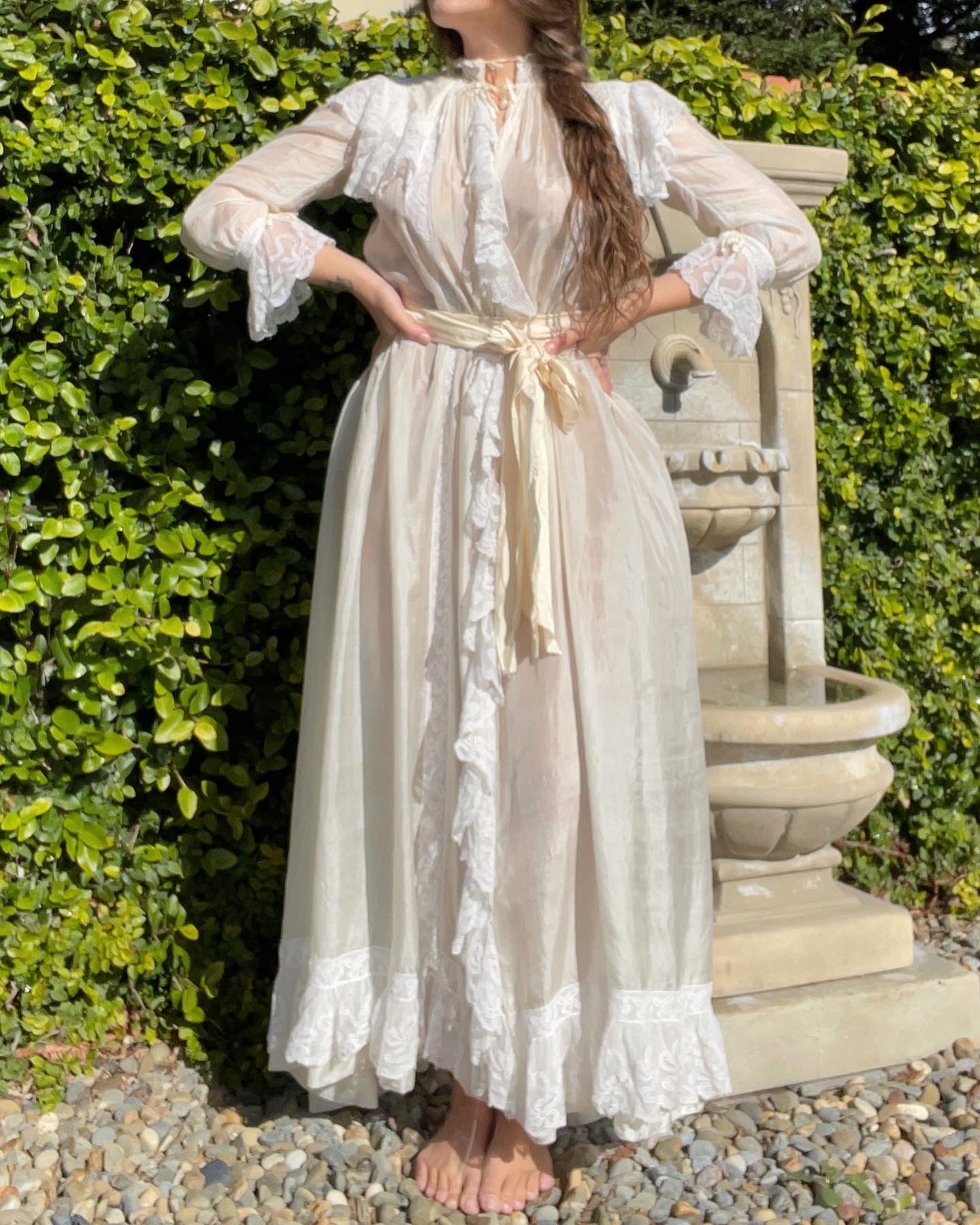 RARE 1890s Silk & Lace High Neck Watteau Dressing Gown