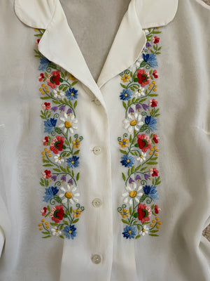 1940s Hungarian Embroidered Crepe Button Down Blouse