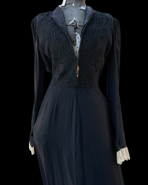 1940s Rayon Crepe Soutache Zip Front Dress