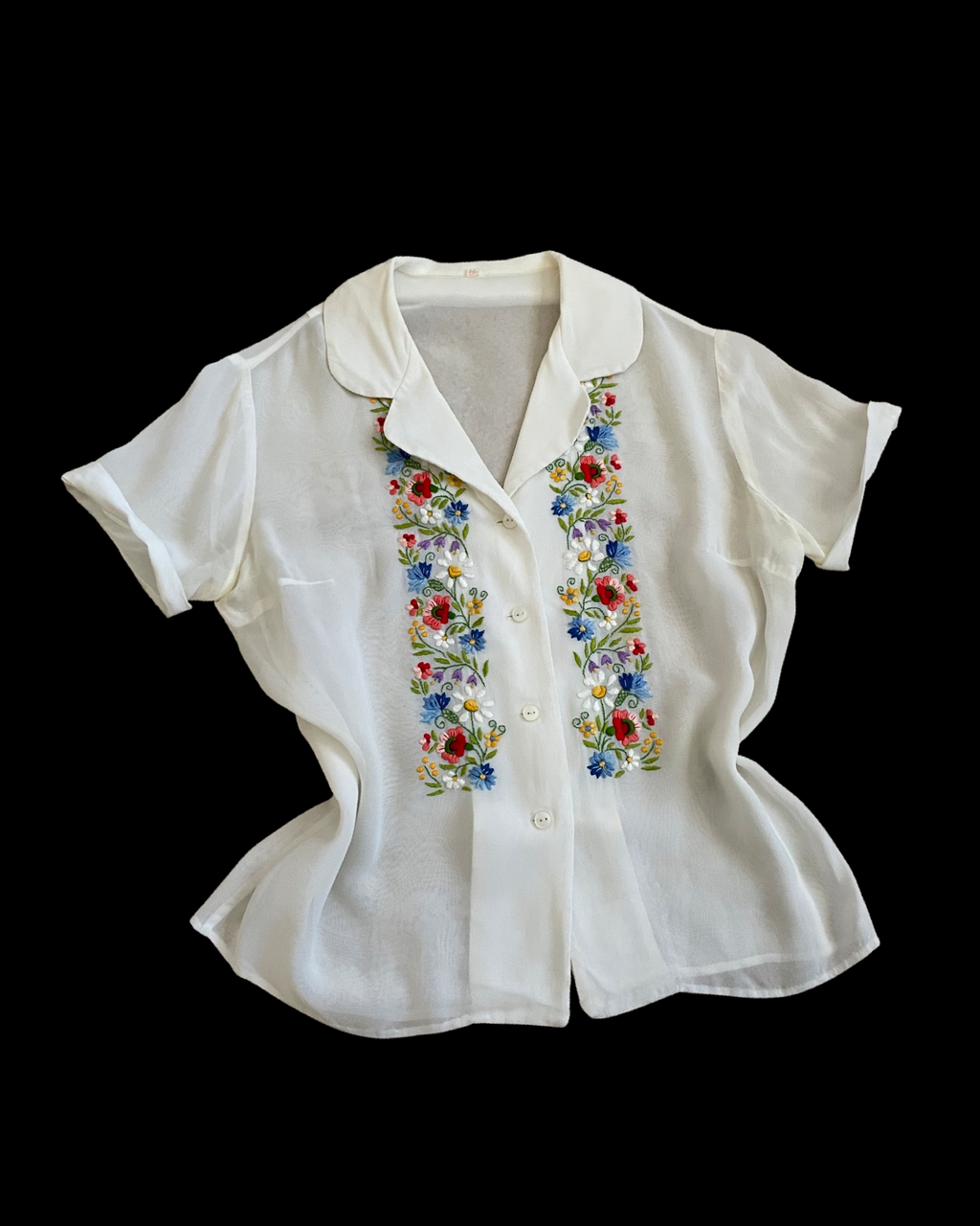 1940s Hungarian Embroidered Crepe Button Down Blouse